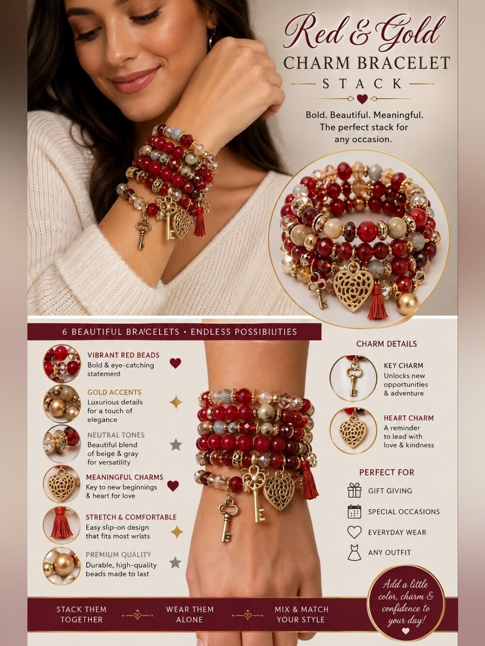 Red & Gold Charm Bracelet Stack - Women Jewelry